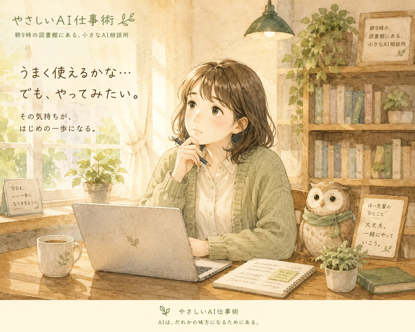 窓辺の机で、ほー先輩と一緒にAIの使い方を考える人の水彩イラスト