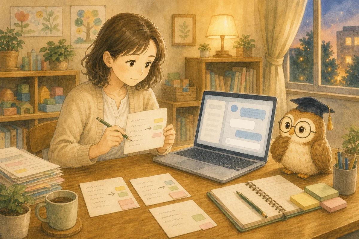 走り書きのメモをAIに渡している相談者