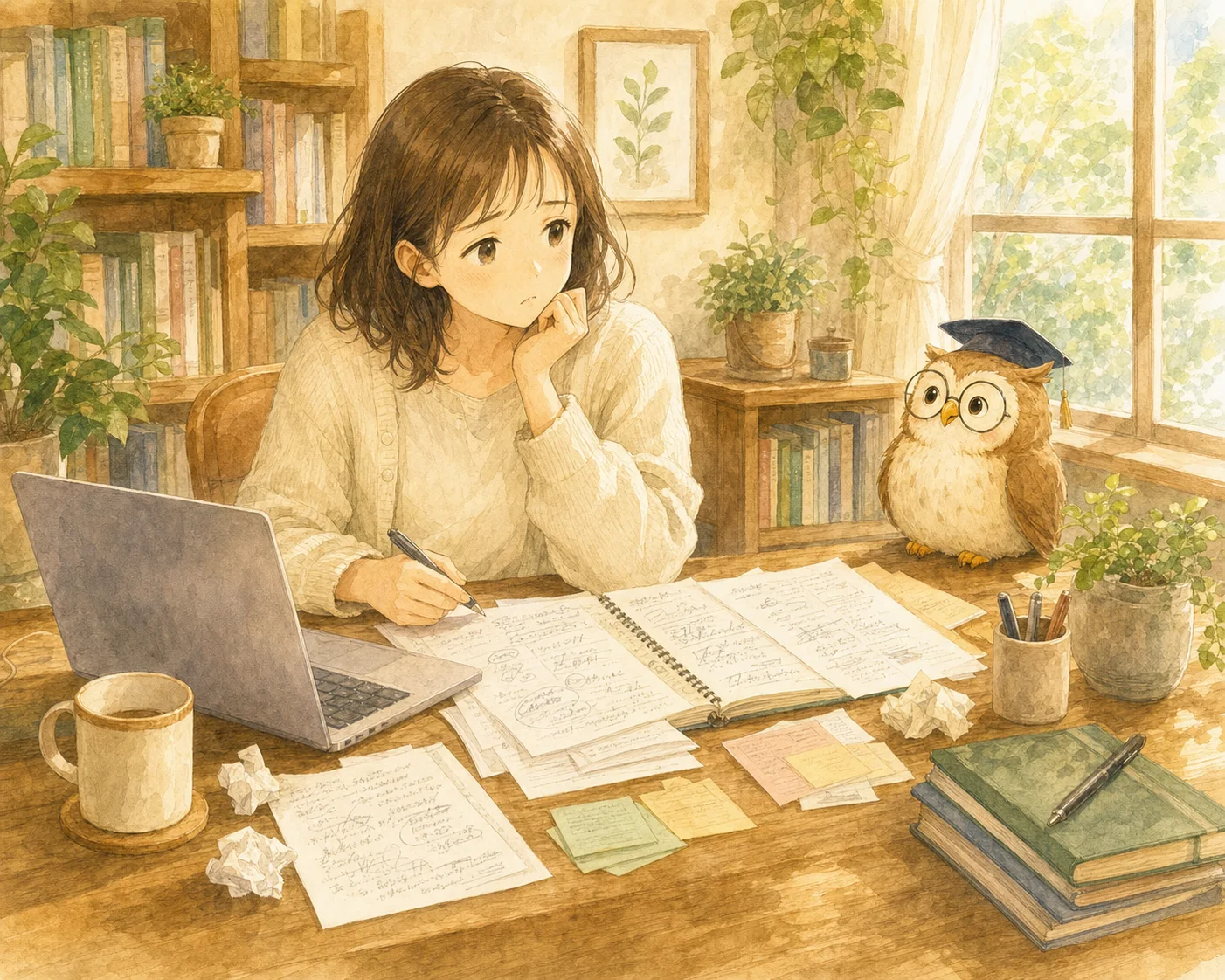 木の机でノートとパソコンを前に少し迷っている主人公。そばにほー先輩と「急がなくていいよ。一緒に一歩ずついこう。」の立て札