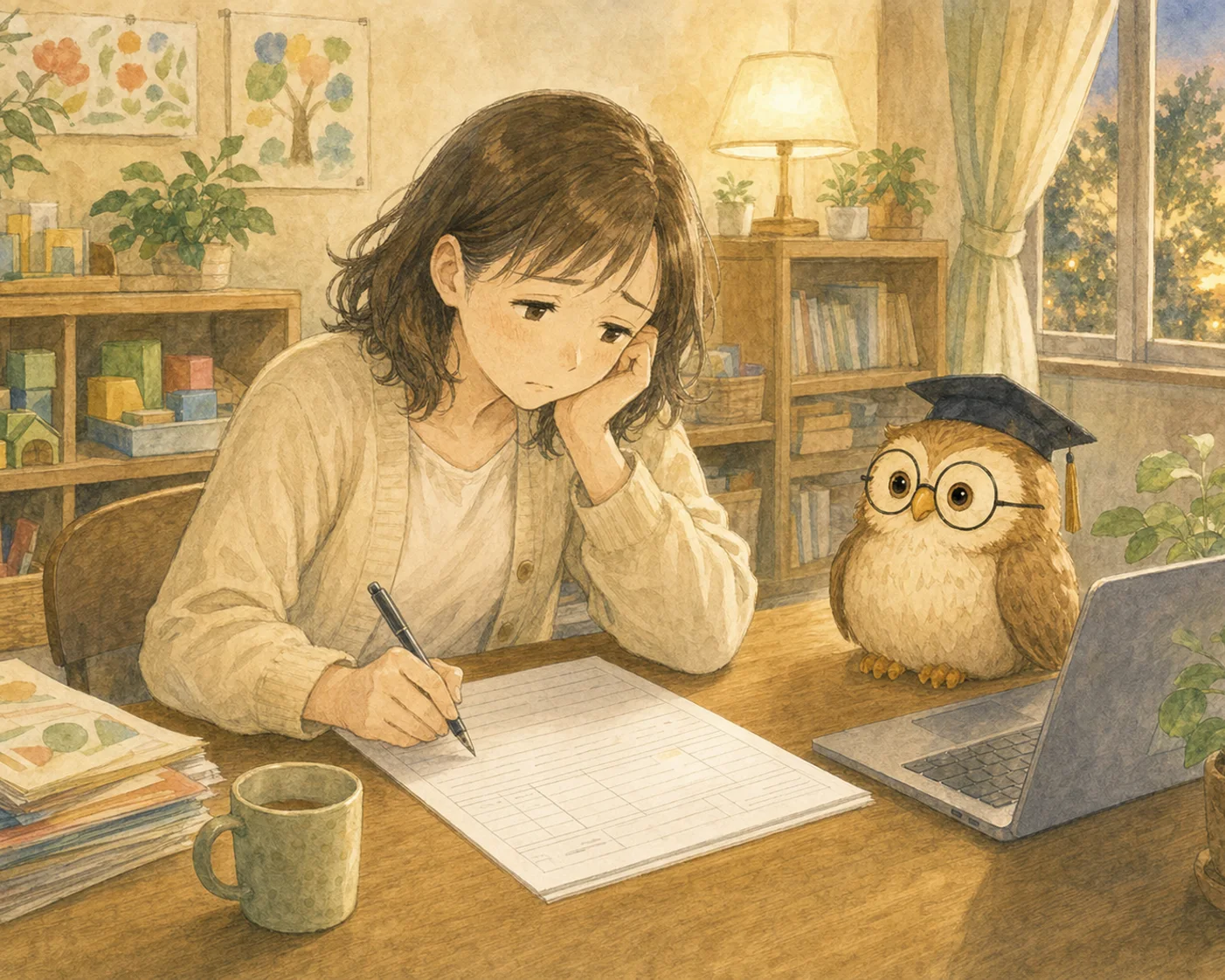 夕方の事業所で、支援記録を前に疲れて手が止まっている主人公