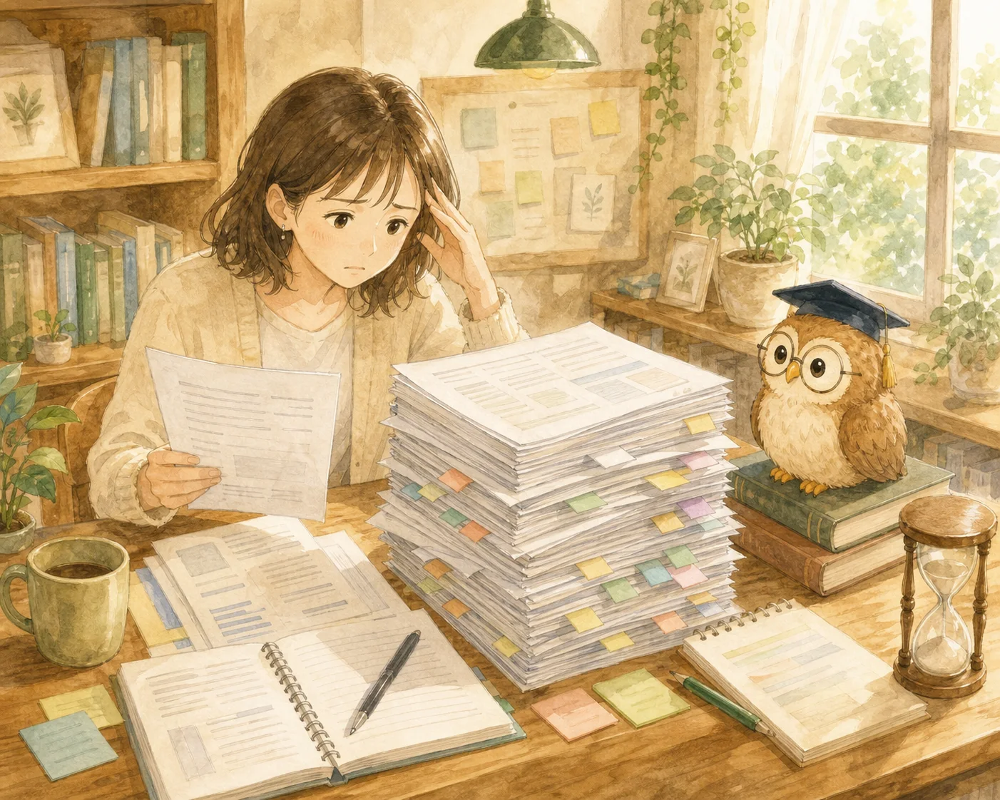 分厚い研修資料を前に、読む時間がなくて困っている主人公