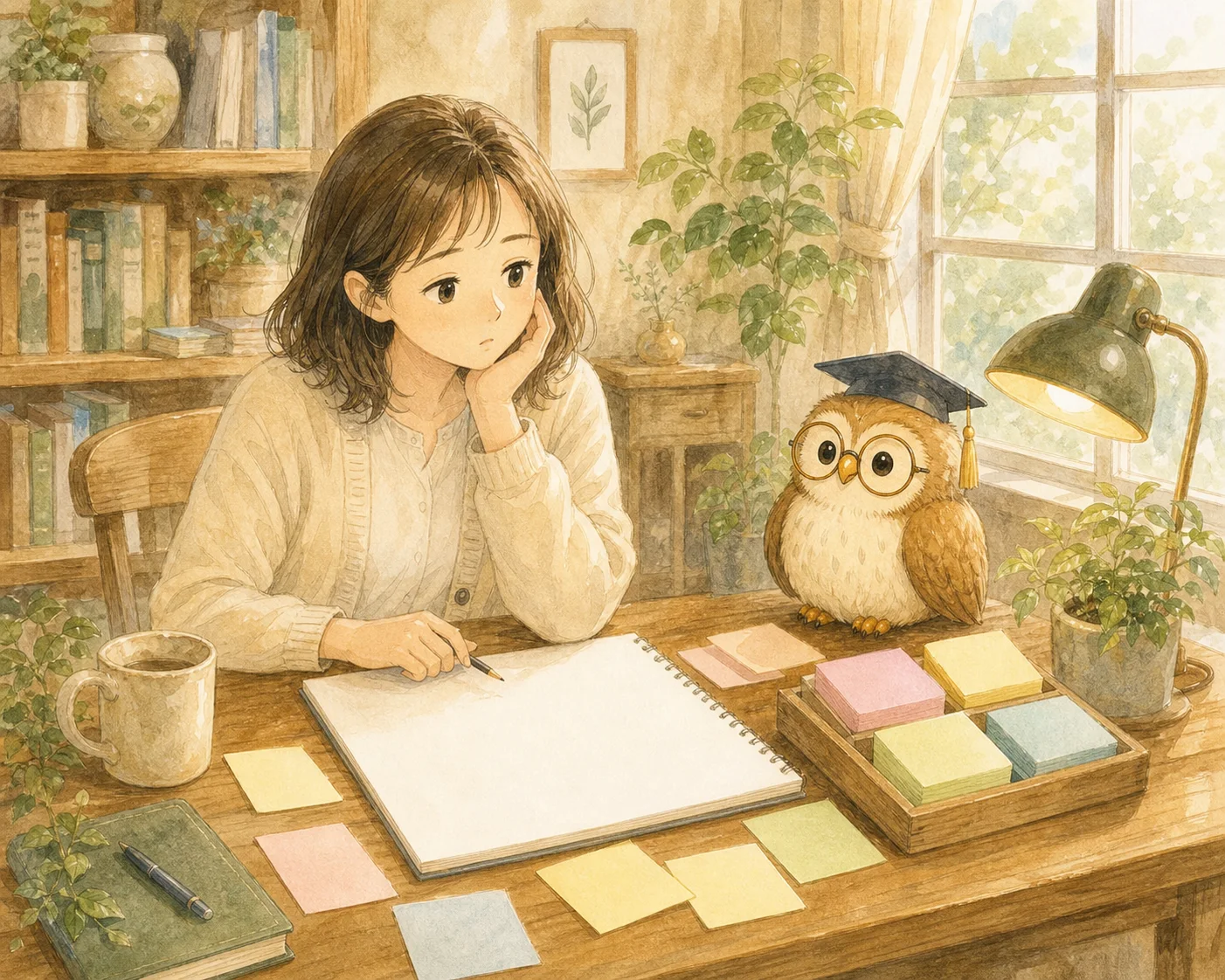 白紙の企画書を前に、アイデアが浮かばず困っている主人公