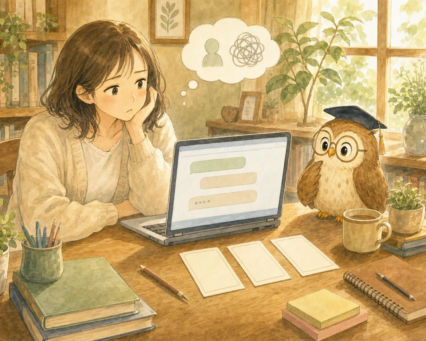 AIの答えがしっくりこなくて首をかしげている主人公