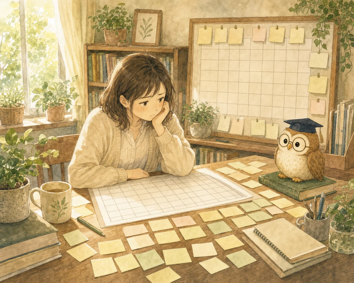 休み希望のメモを前に、シフト表の初稿づくりに悩んでいる主人公