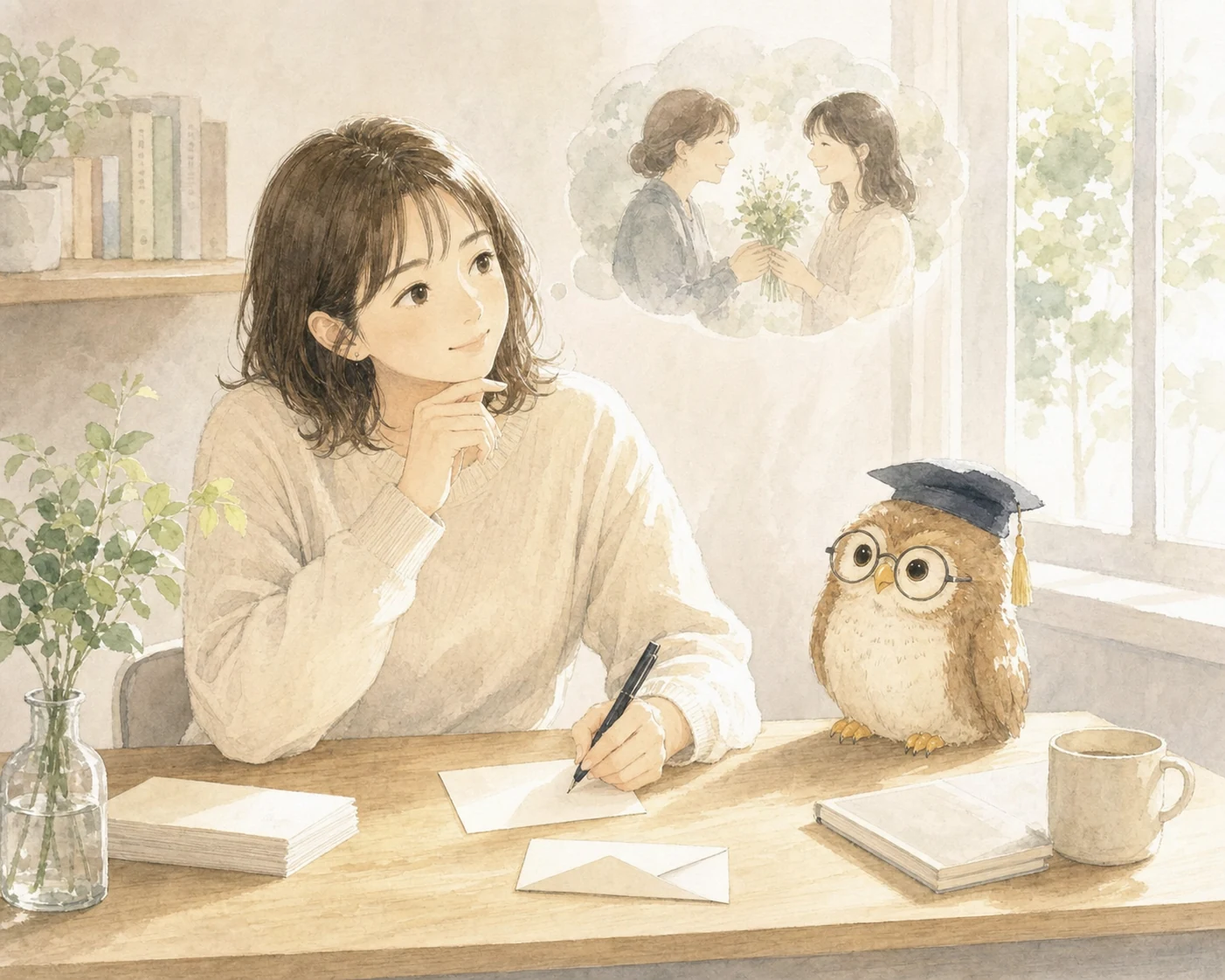 窓辺の机で、お礼のひとことを考える女性とほー先輩