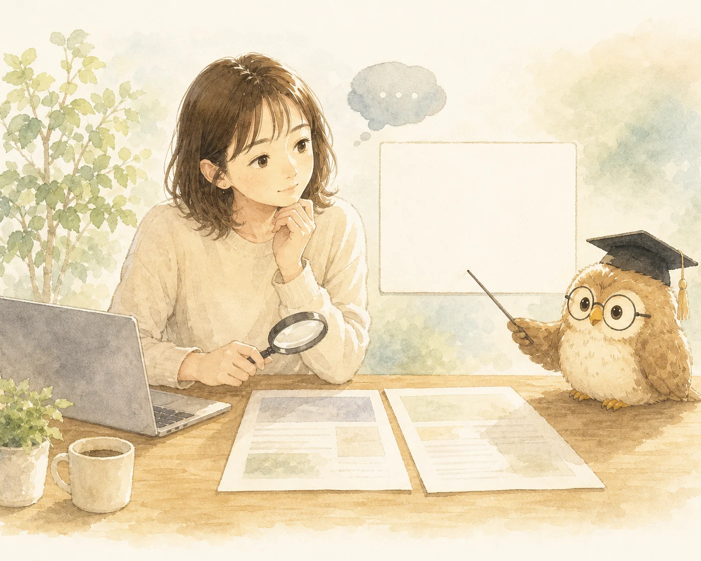 AIの答えを見て、正しいのか不安になっている主人公