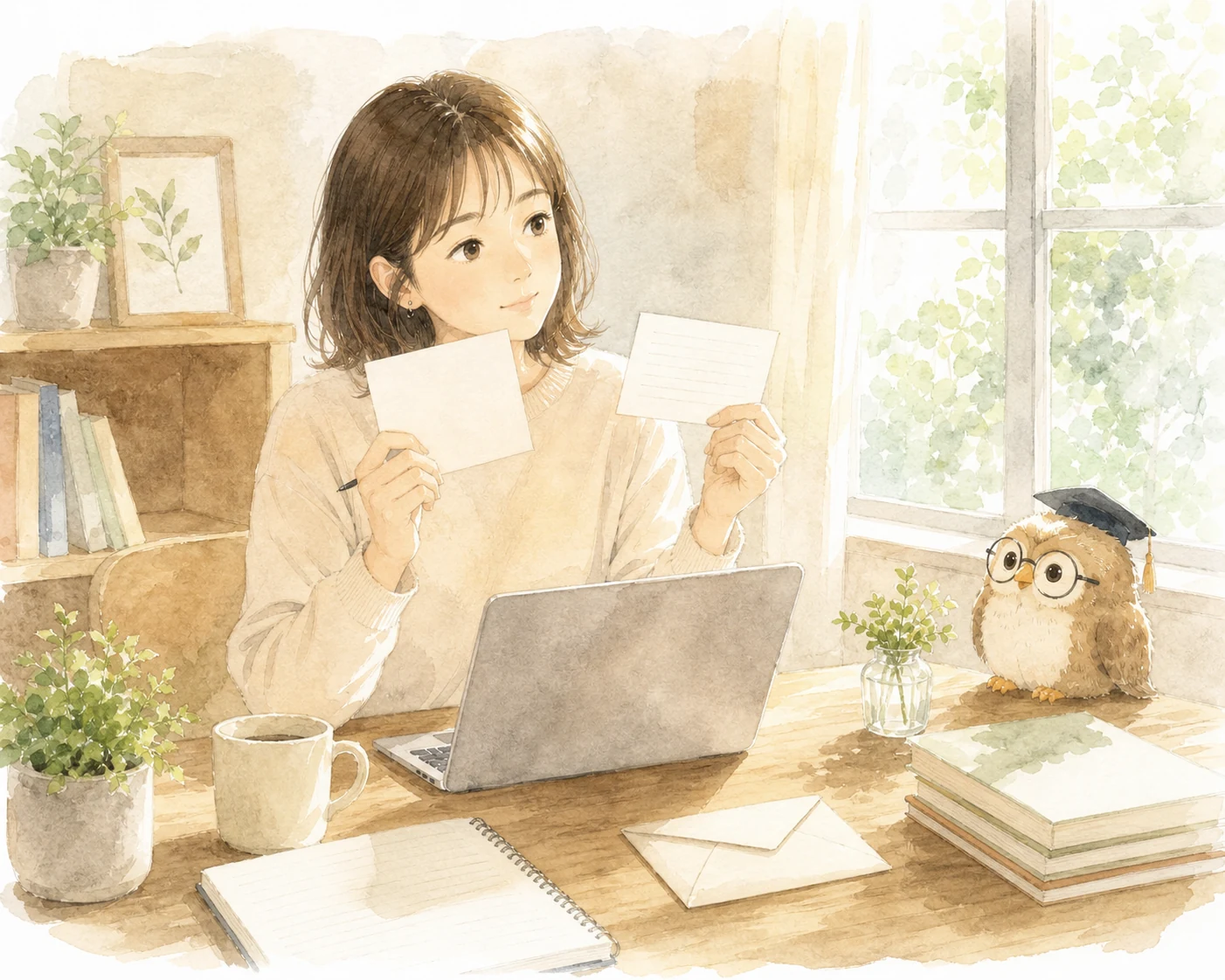 ノートとパソコンを前に、催促の連絡を考える女性とほー先輩