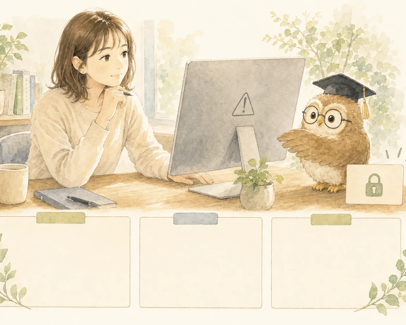 パソコンのエラー画面を前に困っている会社員