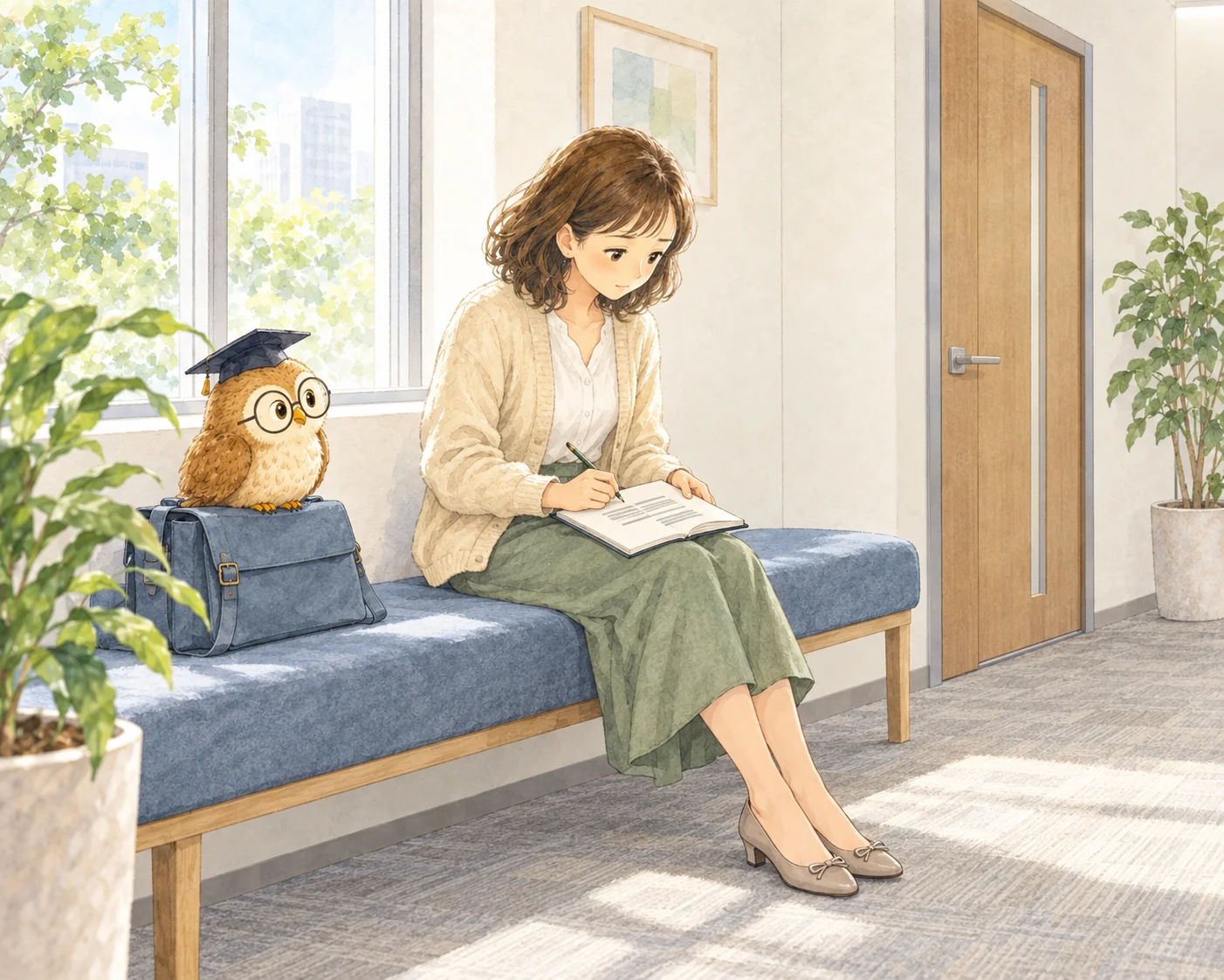 会議室そばのベンチで、女性が訪問直後のメモを膝上のノートに書いている。ほー先輩は隣の鞄の上から見守っている。