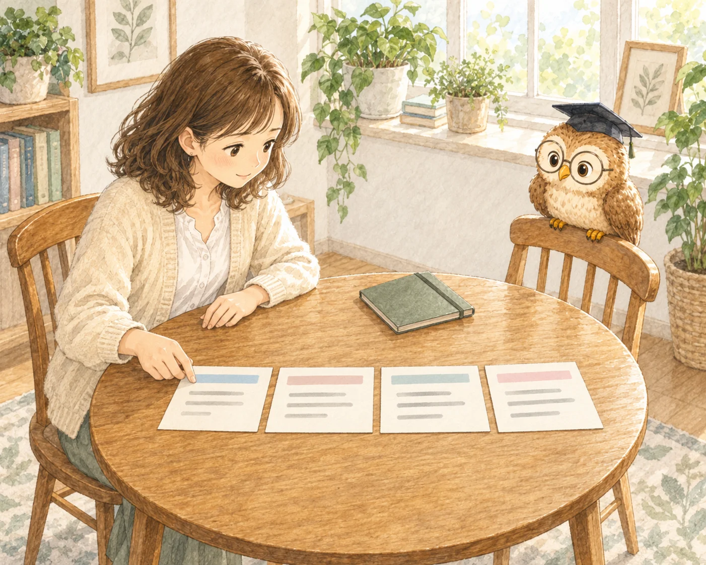 丸テーブルに四つの下書きカードを順に並べて確かめる女性。ほー先輩は向かいの椅子の背から見守っている。