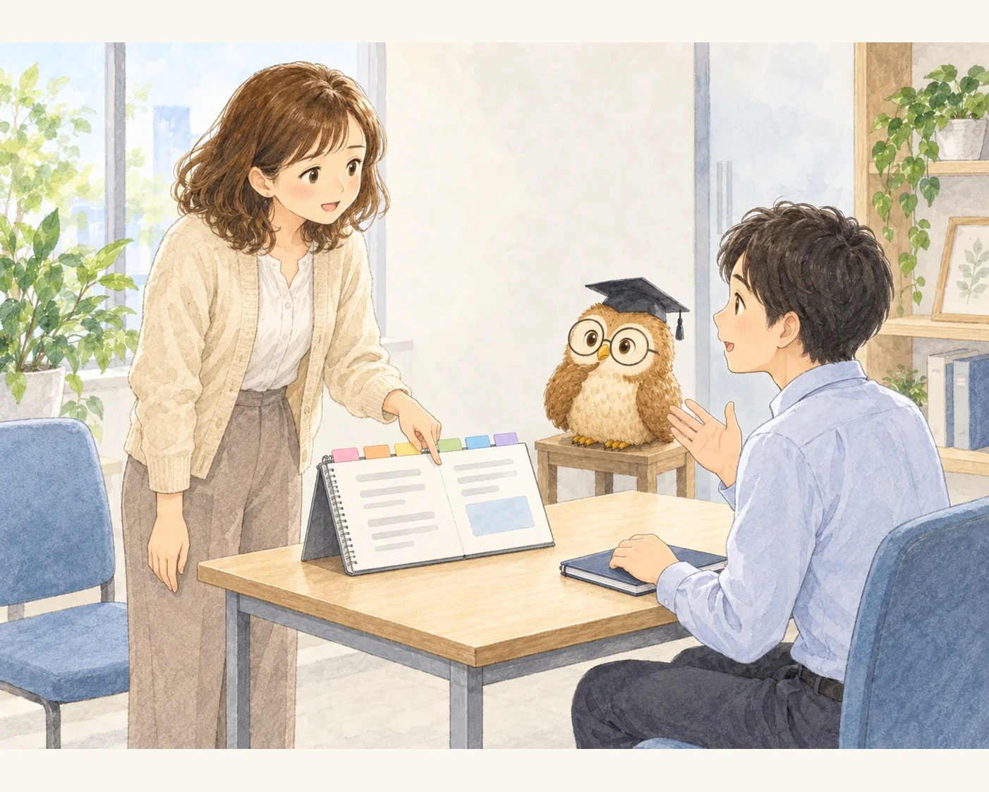 卓上の手順書を指して説明する女性と、片手を上げて質問する新人営業担当。ほー先輩はそばの低い椅子から見守っている。