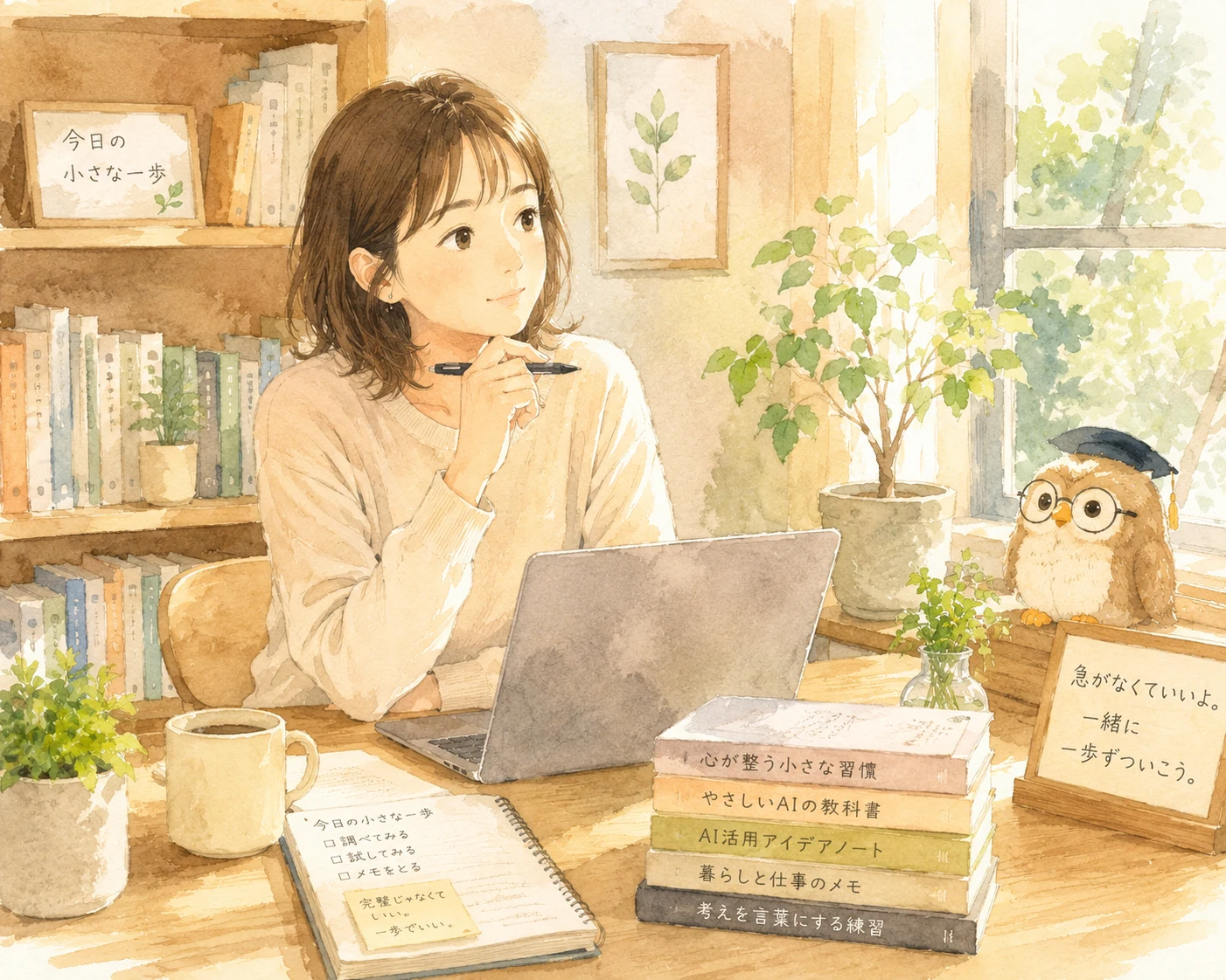 机の前でお断りの連絡に迷っている主人公。スマホを持ったまま手が止まっている