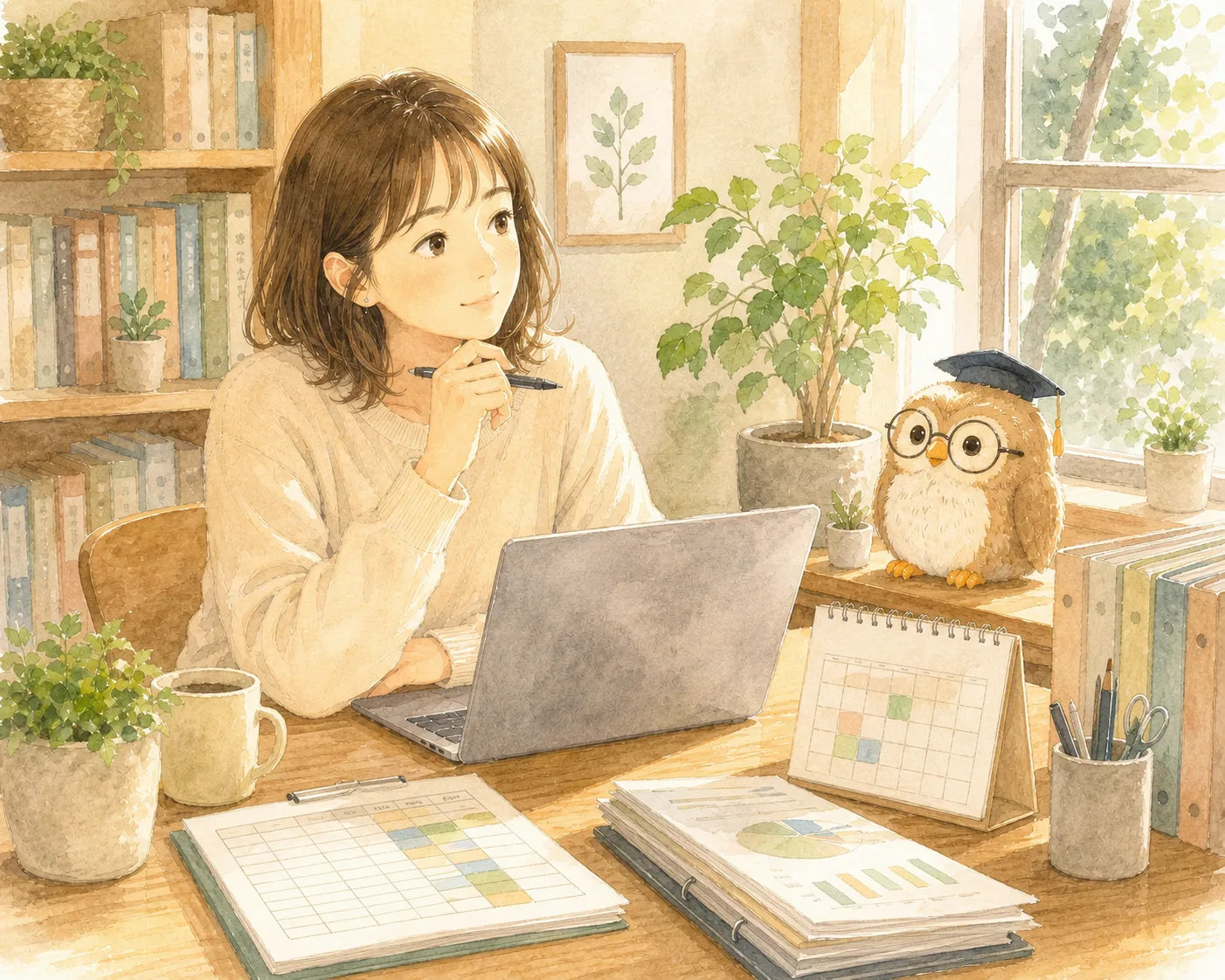 机の上の書類とカレンダーを前に、ノートPCで作業する女性とほー先輩