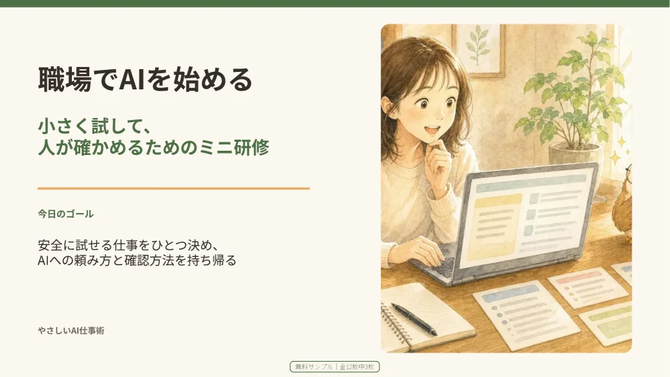 職場でAIを始める45分ミニ研修セットの表紙と、研修のゴールを示す実物スライド