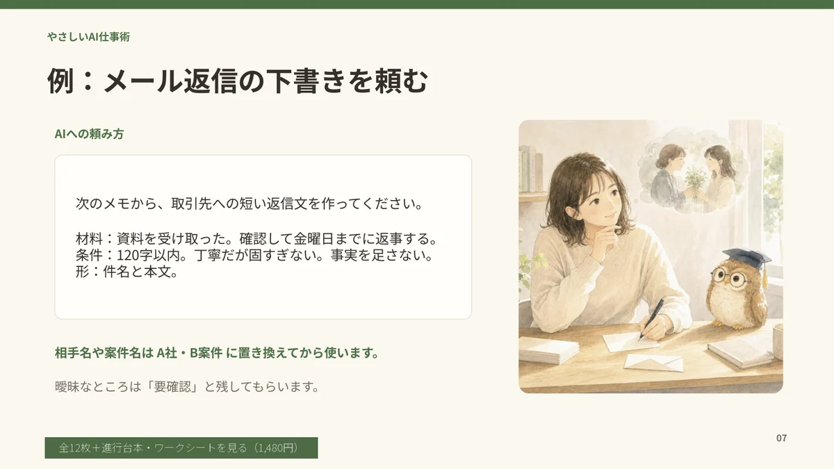 メール返信の下書きをAIへ頼むときの材料・条件・形の具体例