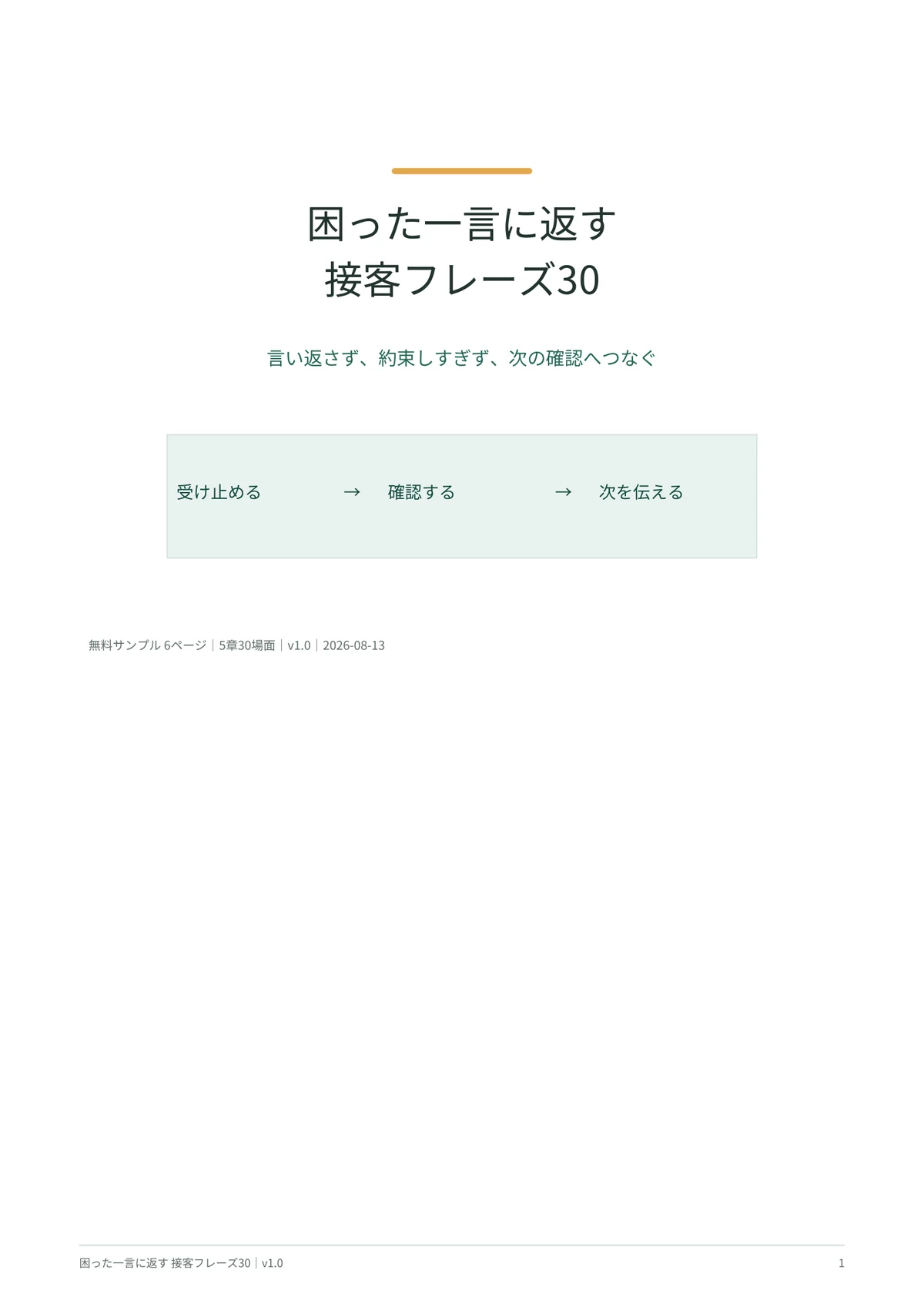 接客フレーズ30の表紙と、受け止める・確認する・次を伝えるという基本の流れ